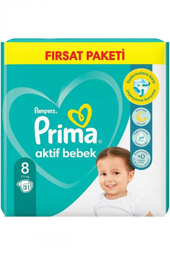Prima  Aktif Bebek 8 Beden Fırsat Paket 31x2 Paket 62 Adet 17+kg Bebek Bezi - 2