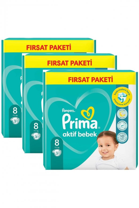 Prima  Aktif Bebek 8 Beden Fırsat Paket 31x3 Paket 93 Adet 17+kg Bebek Bezi