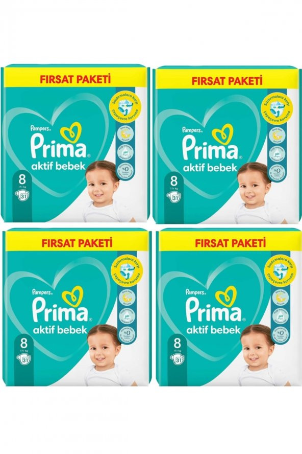 Prima  Aktif Bebek 8 Beden Fırsat Paket 31x4 Paket 124adet 17+kg Bebek Bezi