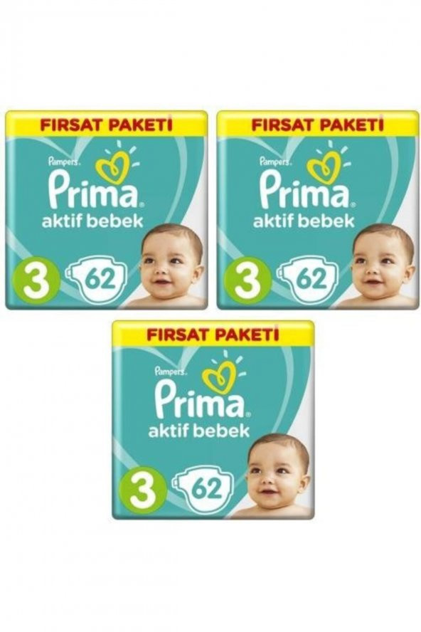 Prima 3 Beden 186 Adet 62x3 Lü Fırsat Paket Aktif Bebek 6-10 kg Bebek Bezi