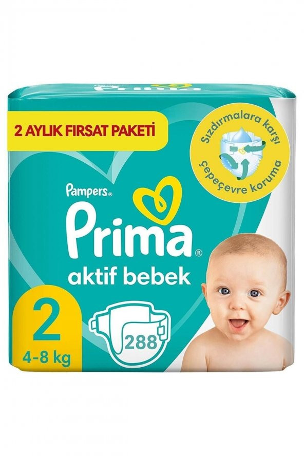 Prima Aktif Bebek Fırsat Paket 2 Beden Yenidoğan 288 (72x4) Adet 4-8 Kg Bebek Bezi