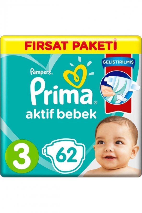 Prima  Boze Bebek Bezi Aktif Bebek Fırsat Paketi 3 Beden 62 Adet