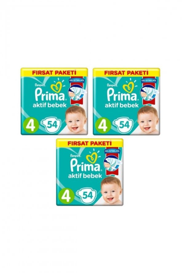 Prima  4 Beden 162 Adet 54x3 Lü Fırsat Paket Aktif Bebek 7-14 kg Bebek Bezi