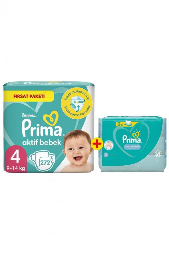 Prima Bebek Bezi Aktif Bebek 4 Beden 272li 2 Aylık Fırsat Paket + Temiz ve Ferah Islak Havlu 156lı