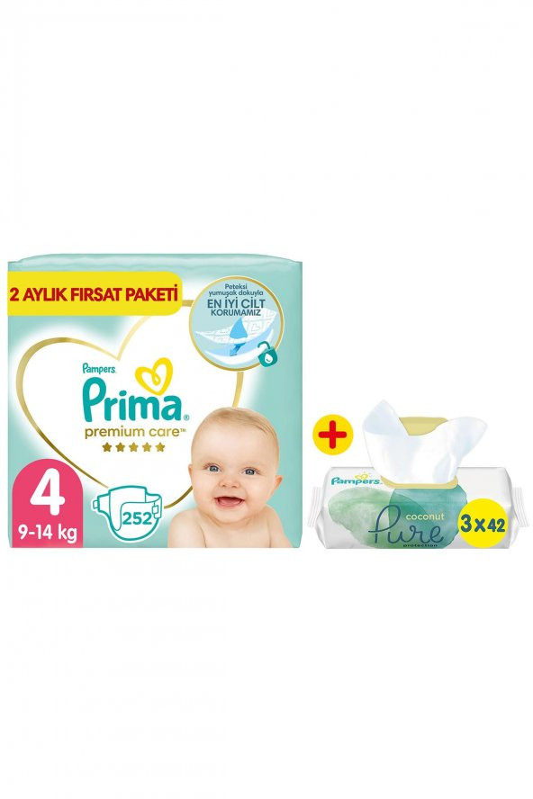 Prima  Bebek Bezi Premium Care 4 Beden 252li 2 Aylık Fırsat Paket + Pure 3lü Islak Havlu 126 Yaprak