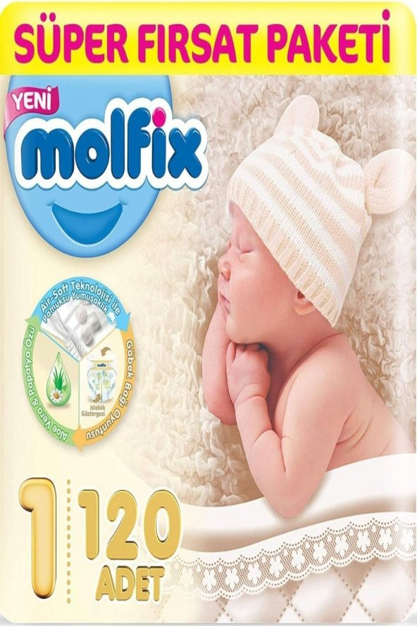 SheydaButik  Molfix Süper Fırsat Paketi: 1 (2-5kg) Yeni Doğan 120 Adet Bebek Bezi