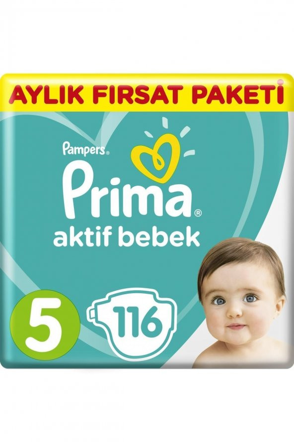 HECTOR EMPORİUM  Prima Bebek Bezi Aktif Bebek 5 Beden Aylık Fırsat Paketi 116 Adet