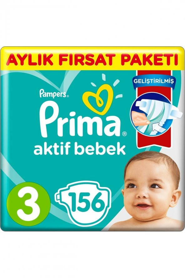 HECTOR EMPORİUM  Prima Bebek Bezi Aktif Bebek 3 Beden Aylık Fırsat Paketi 156 Adet