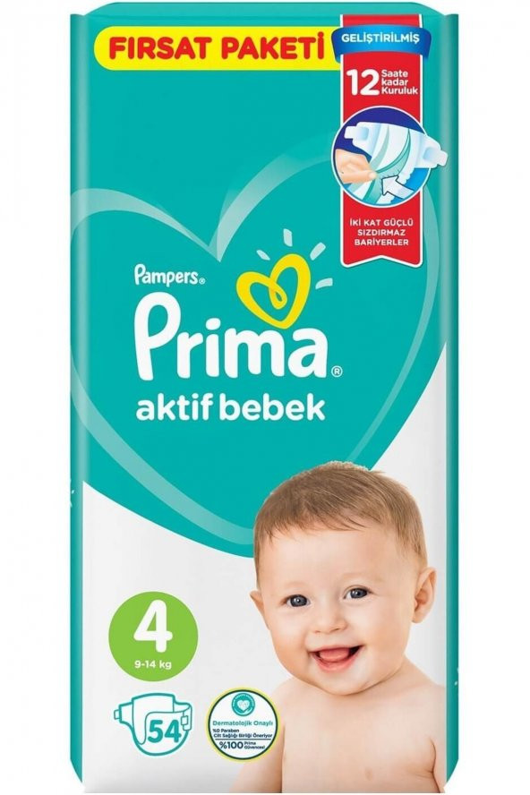 PRIMAN  Prima Bebek Bezi Aktif Bebek Fırsat Paket 4 Beden 54lü