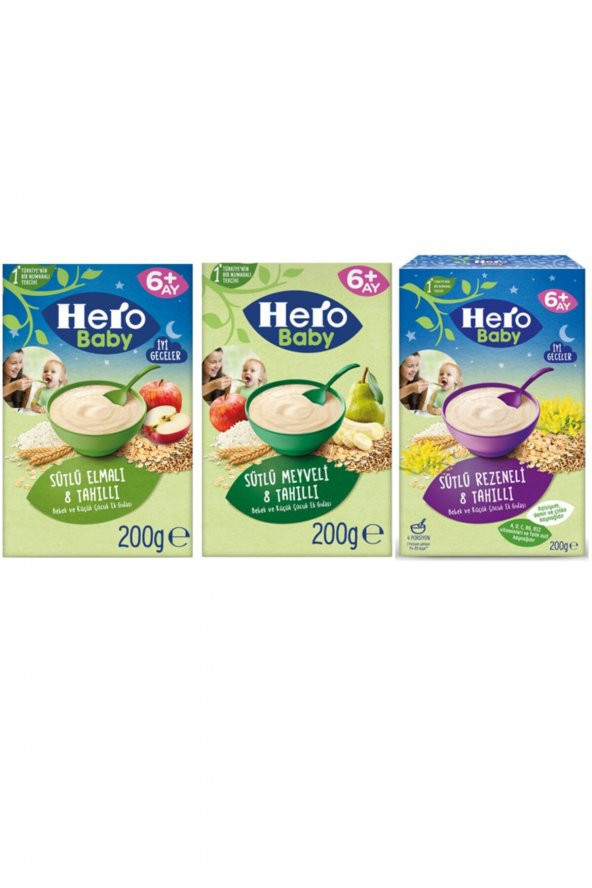 Hero Baby  Sütlü Elmalı Tahıllı+ Sütlü Meyveli Tahıllı+ Sütlü Rezeneli Tahıllı 3lü 200 Gr