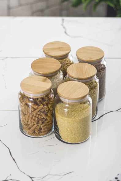 6 Lı Set Bambu Kapaklı Cam Kavanoz & Erzak Saklama Kabı 800 ml Orta  Boy ( Vakum Kapak ) - 3