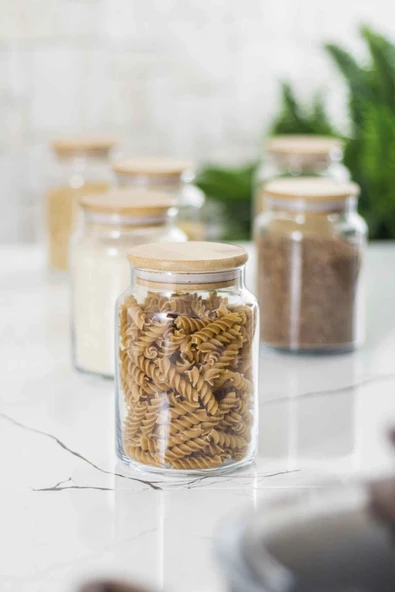 6 Lı Set Bambu Kapaklı Cam Kavanoz & Erzak Saklama Kabı 800 ml Orta  Boy ( Vakum Kapak ) - 4