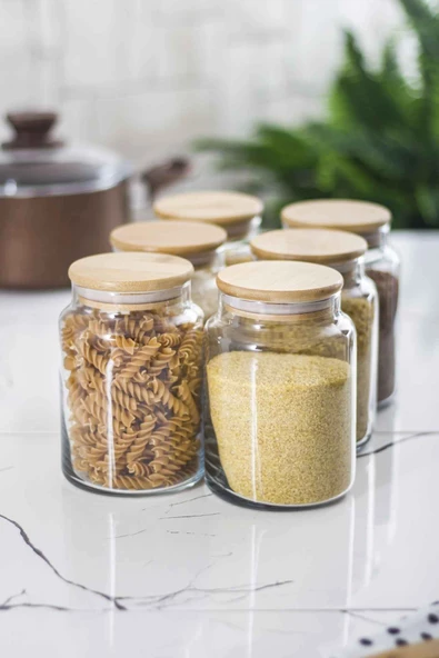 6 Lı Set Bambu Kapaklı Cam Kavanoz & Erzak Saklama Kabı 800 ml Orta  Boy ( Vakum Kapak ) - 2