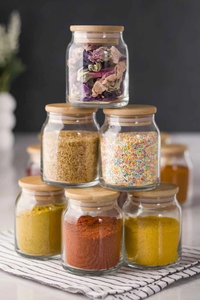 6'lı Bambu Kapaklı Cam Kavanoz & Baharat Takımı & Baharatlık Seti 200 ML (Vakum Kapak) - 5