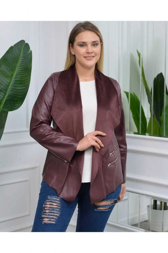 MODATALİKA Kadın Büyük Beden Kolları Zincir Detaylı Deri Süet Ceket - 4