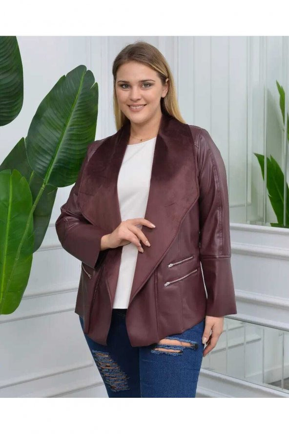 MODATALİKA Kadın Büyük Beden Kolları Zincir Detaylı Deri Süet Ceket - 5