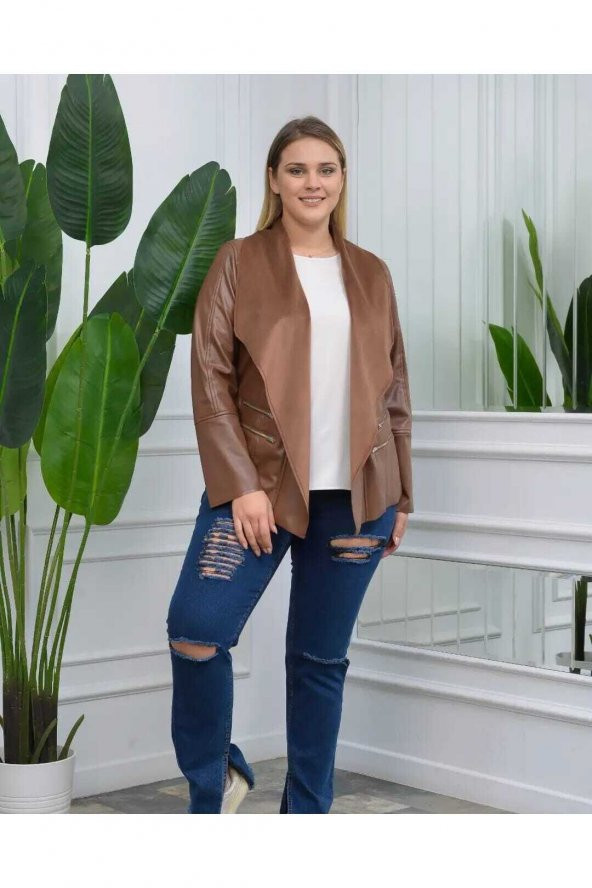 MODATALİKA Kadın Büyük Beden Kolları Zincir Detaylı Deri Süet Ceket - 6