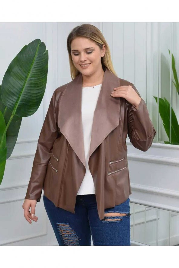 MODATALİKA Kadın Büyük Beden Kolları Zincir Detaylı Deri Süet Ceket - 7