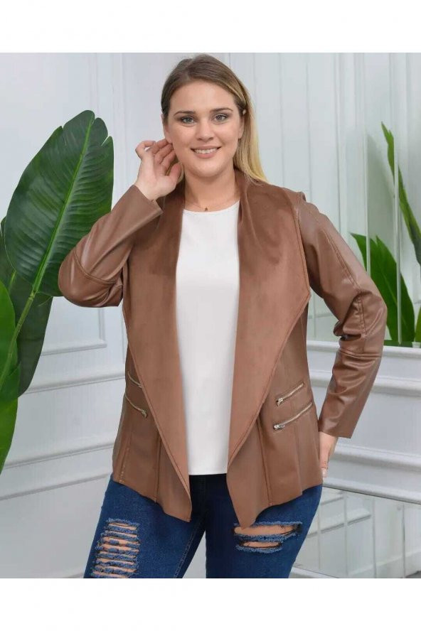 MODATALİKA Kadın Büyük Beden Kolları Zincir Detaylı Deri Süet Ceket - 8