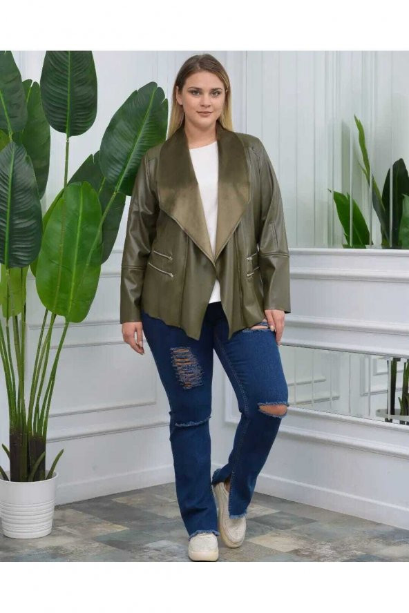 MODATALİKA Kadın Büyük Beden Kolları Zincir Detaylı Deri Süet Ceket - 9