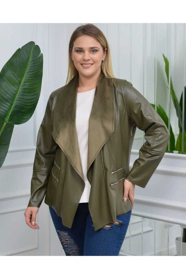 MODATALİKA Kadın Büyük Beden Kolları Zincir Detaylı Deri Süet Ceket - 10