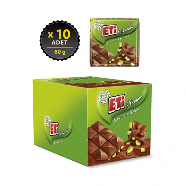 Eti Çikolata Antep Fıstıklı Kare 60 g x 10 Adet - 2
