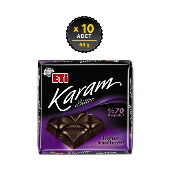 Eti Karam 70 Kakaolu Bitter Çikolata 60 g x 10 Adet ürün görseli