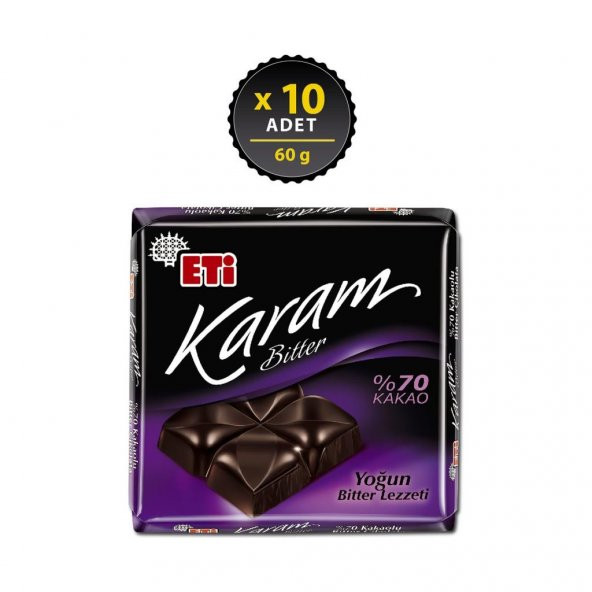 Eti Karam 70 Kakaolu Bitter Çikolata 60 g x 10 Adet