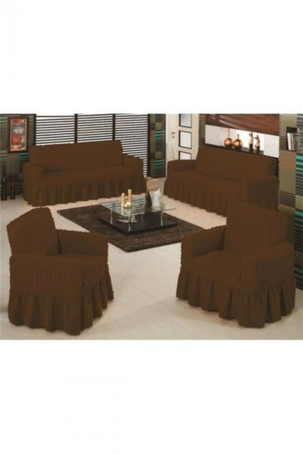 Kahverengi Bürümcük Maxi Koltuk Örtüsü Takımı (3+3+1+1) ürün görseli 1