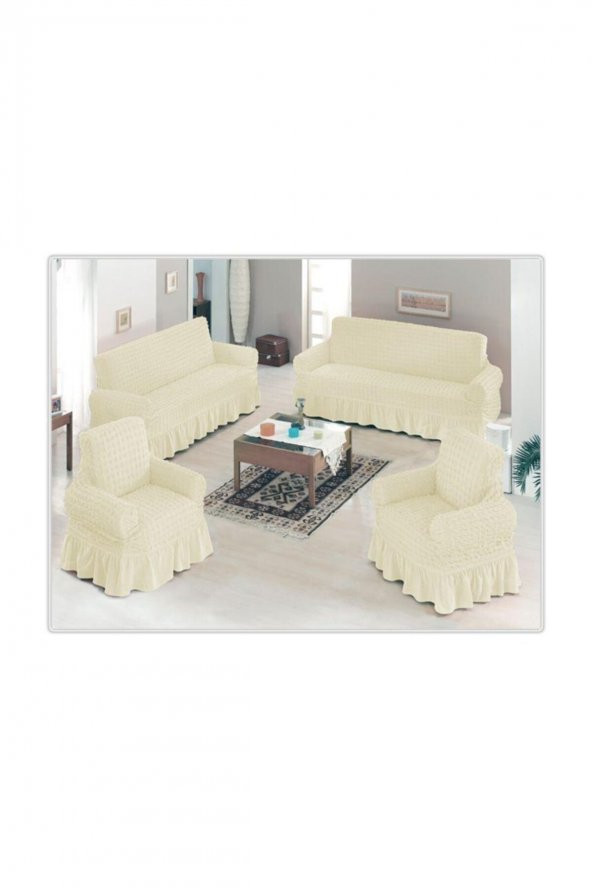 Bürümcük Likralı Koltuk Örtüsü Beyaz 3+3+1+1 ürün görseli 1