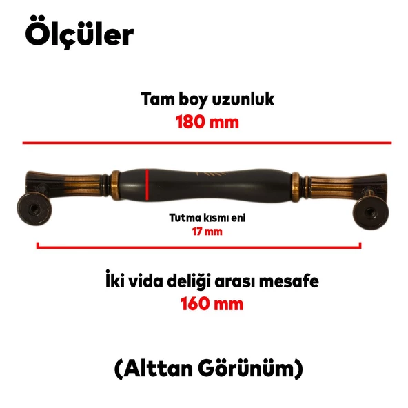 Mavera Lüks Porselen Mobilya Çekmece Dolap Kapak Kulpu Kulbu (160 MM-16.0 CM) Siyah Antik Bakır Kulp - Resim 4