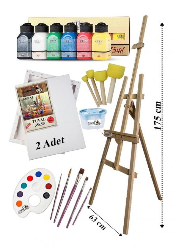 Akrilik Boya Resim Seti Artdeco 6 Ana Renk 75 ml Akrilik Boya Şövalye 2 Tuval 35x50 Fırça Spatula Şövale