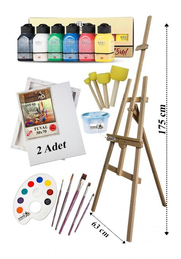 Akrilik Boya Resim Seti Artdeco 6 Ana Renk 75 ml Akrilik Boya Şövalye 2 Tuval 50x70 Fırça Spatula Şövale