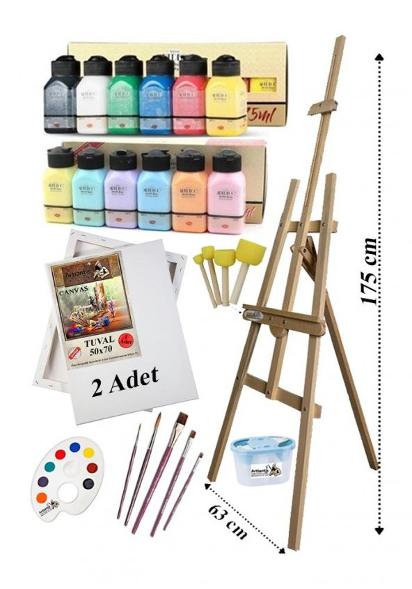Akrilik Boya Resim Seti Artdeco 12 Renk 75 ml Akrilik Boya Şövalye 2 Tuval 50x70 Fırça Spatula Şövale