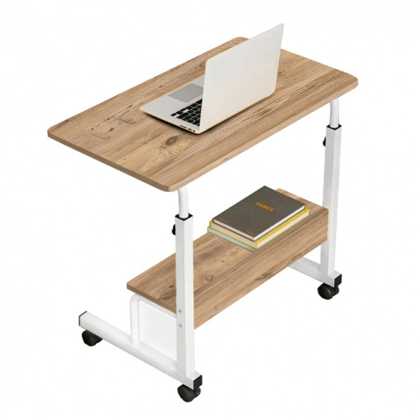 Yükseklik Ayarlı Raflı Laptop Sehpası - Atlantik Çam Beyaz (Tekerli)