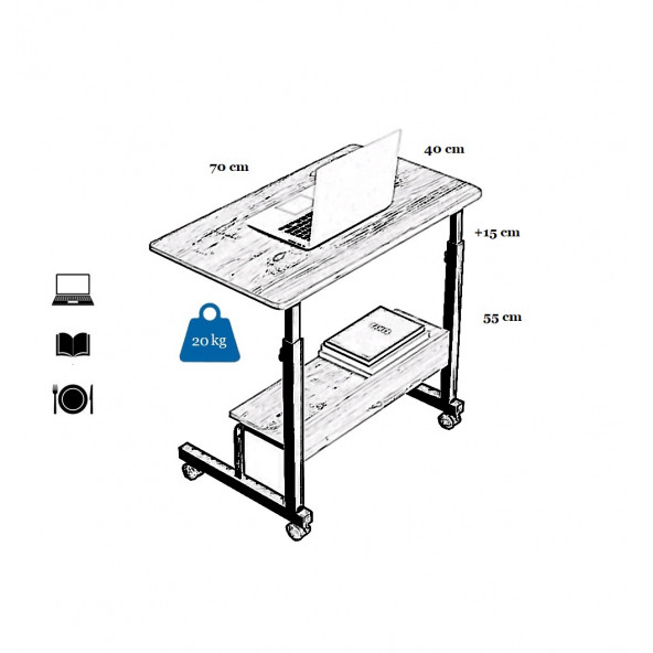 Yükseklik Ayarlı Raflı Laptop Sehpası - Atlantik Çam Beyaz (Tekerli) - 2