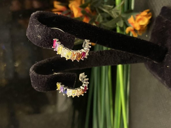 Aksesuar Çarşısı Renkli Zirkon Baget Taş Küpe Silver - Resim 2