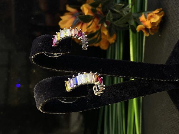 Aksesuar Çarşısı Renkli Zirkon Baget Taş Küpe Silver - Resim 4