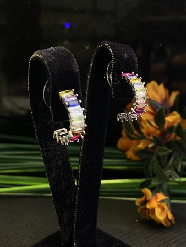 Aksesuar Çarşısı Renkli Zirkon Baget Taş Küpe Silver - Resim 5