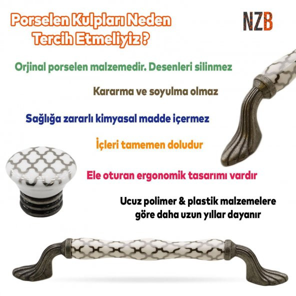 Lüks Porselen Düğme Mobilya Çekmece Dolap Kapak Kulpu Kulbu Beyaz Antik Gümüş - Resim 5