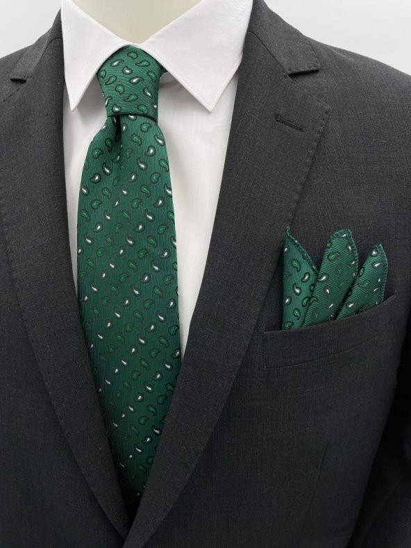 Brianze Yeşil Küçük Şal Desen Kravat Mendil Set