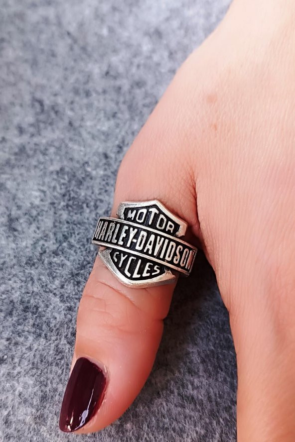Harley Davidson Logo Motorcu Şekilli Erkek Yüzük Gümüş Kaplama Ayarlanabilir El Yapımı Yüzük ürün görseli 1