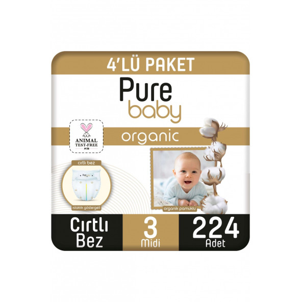 Pure Baby Organik Pamuklu Cırtlı Bez 4'Lü Paket 3 Numara Midi 224 Adet