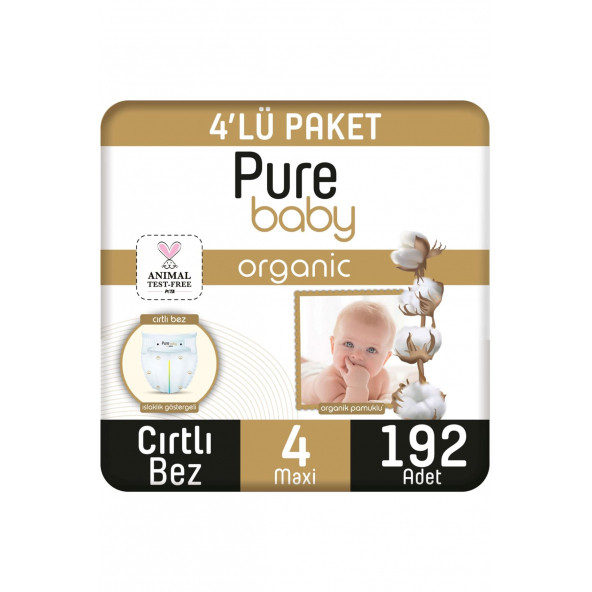 Pure Baby Organik Pamuklu Cırtlı Bez 4'Lü Paket 4 Numara Maxi 192 Adet