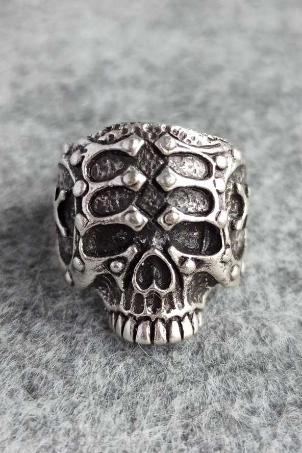 Miğferli Kuru Kafa Şekilli Erkek Yüzük Gümüş Kaplama Ayarlanabilir El Yapımı Erkek Yüzük ürün görseli 1