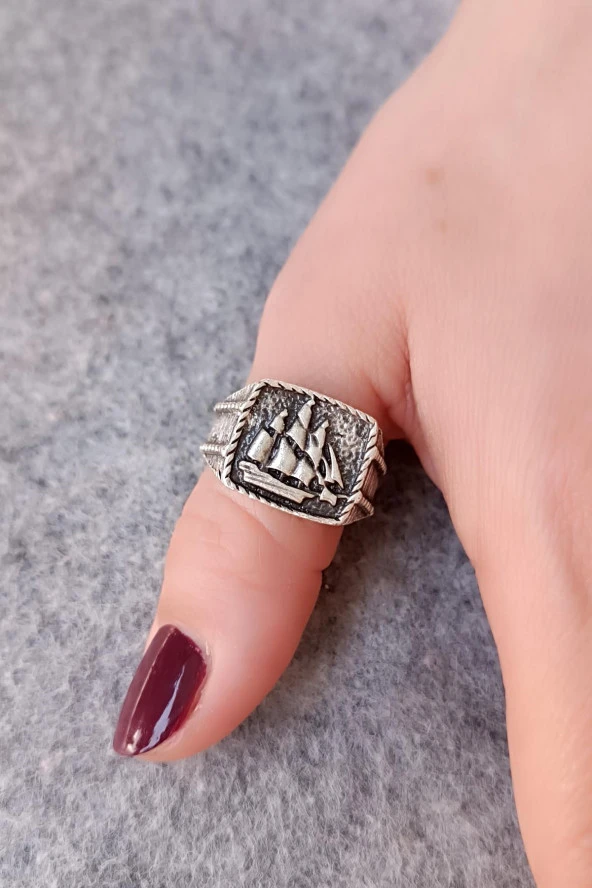 Yelkenli Şekilli Erkek Yüzük Gümüş Kaplama Ayarlanabilir El Yapımı Erkek Yüzük - Resim 2