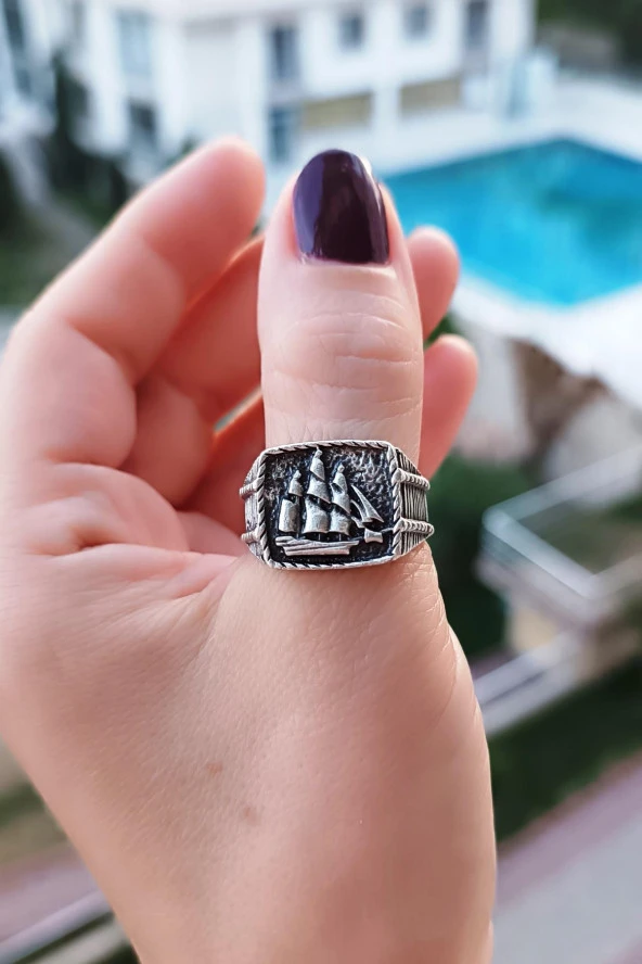 Yelkenli Şekilli Erkek Yüzük Gümüş Kaplama Ayarlanabilir El Yapımı Erkek Yüzük - Resim 3