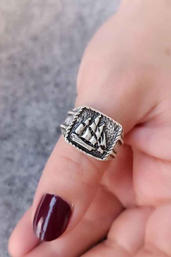 Yelkenli Şekilli Erkek Yüzük Gümüş Kaplama Ayarlanabilir El Yapımı Erkek Yüzük - Resim 4