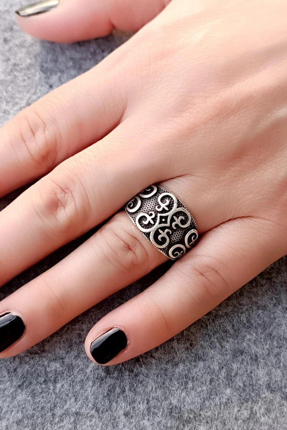 Motif Şekilli Erkek & Kadın Yüzük Gümüş Kaplama Ayarlanabilir El Yapımı Unisex Yüzük ürün görseli 1