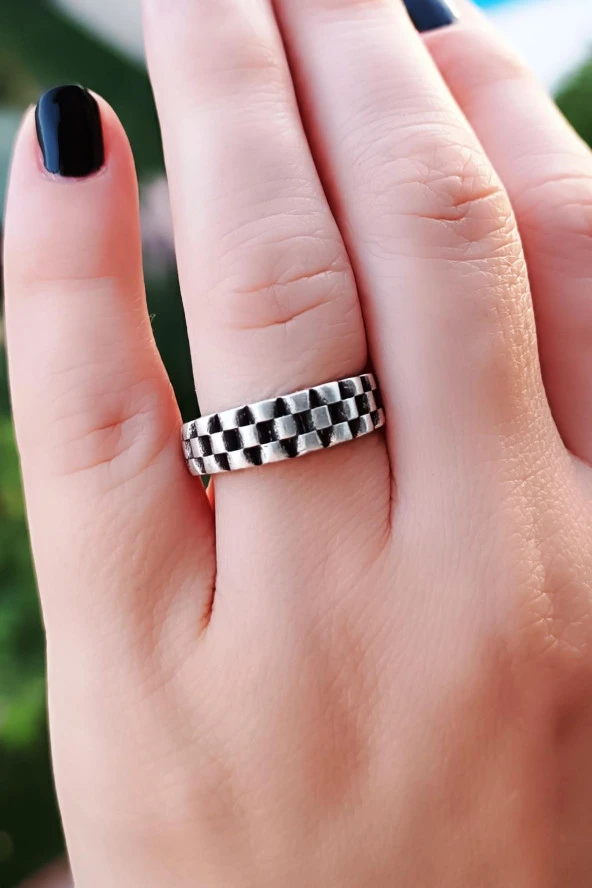 Kareler Şekilli Kadın Yüzük Gümüş Kaplama Ayarlanabilir El Yapımı Kadın Yüzük ürün görseli 1